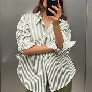 Zara White and Olive Vertical-Stripe Button-Up Blouse